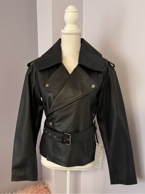 [NWT] Classic Black Lambs Leather Belted Moto Jacket - Women
